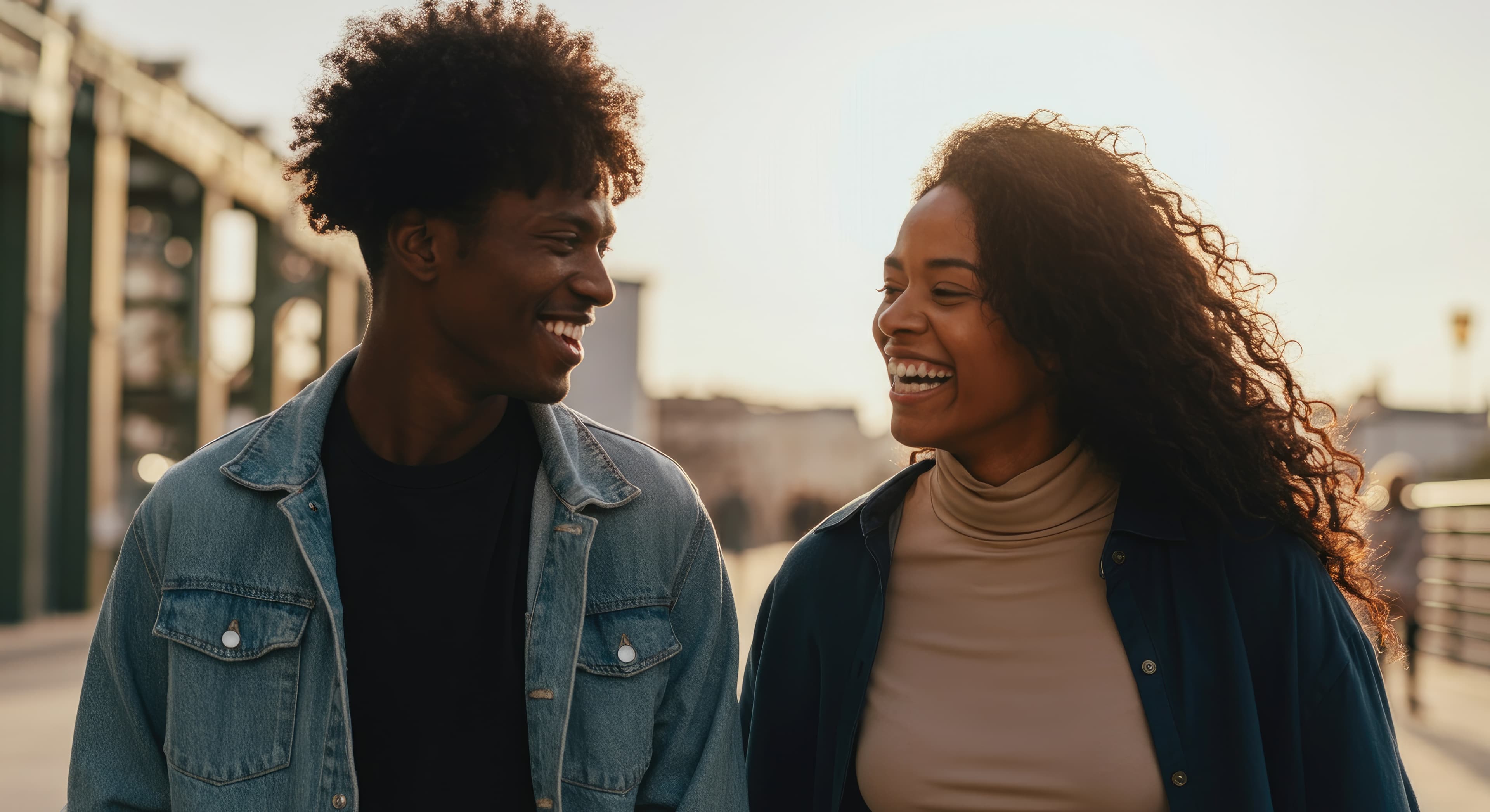 Two people laughing and connecting outdoors