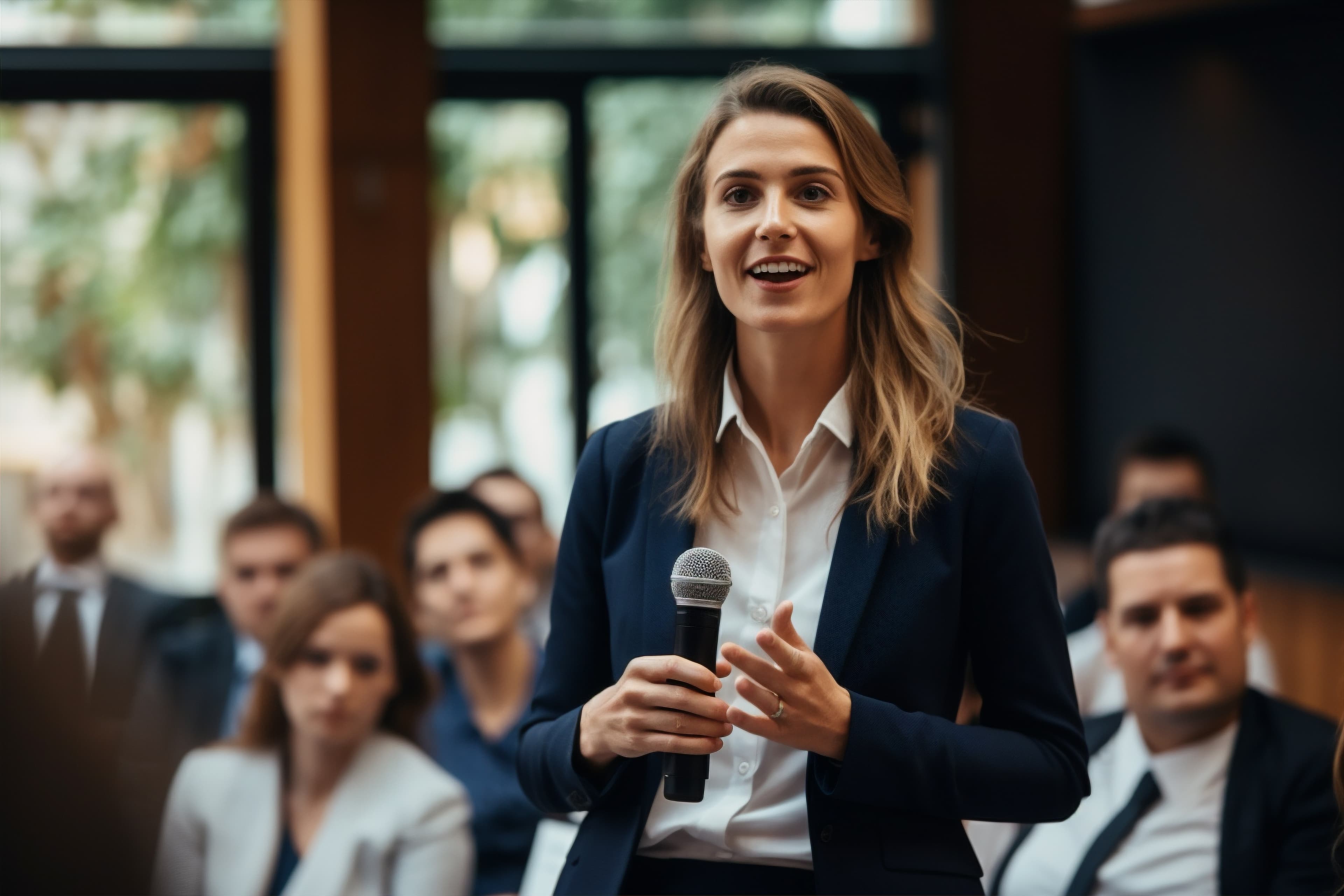 Woman speaking with a microphone in front of an audience