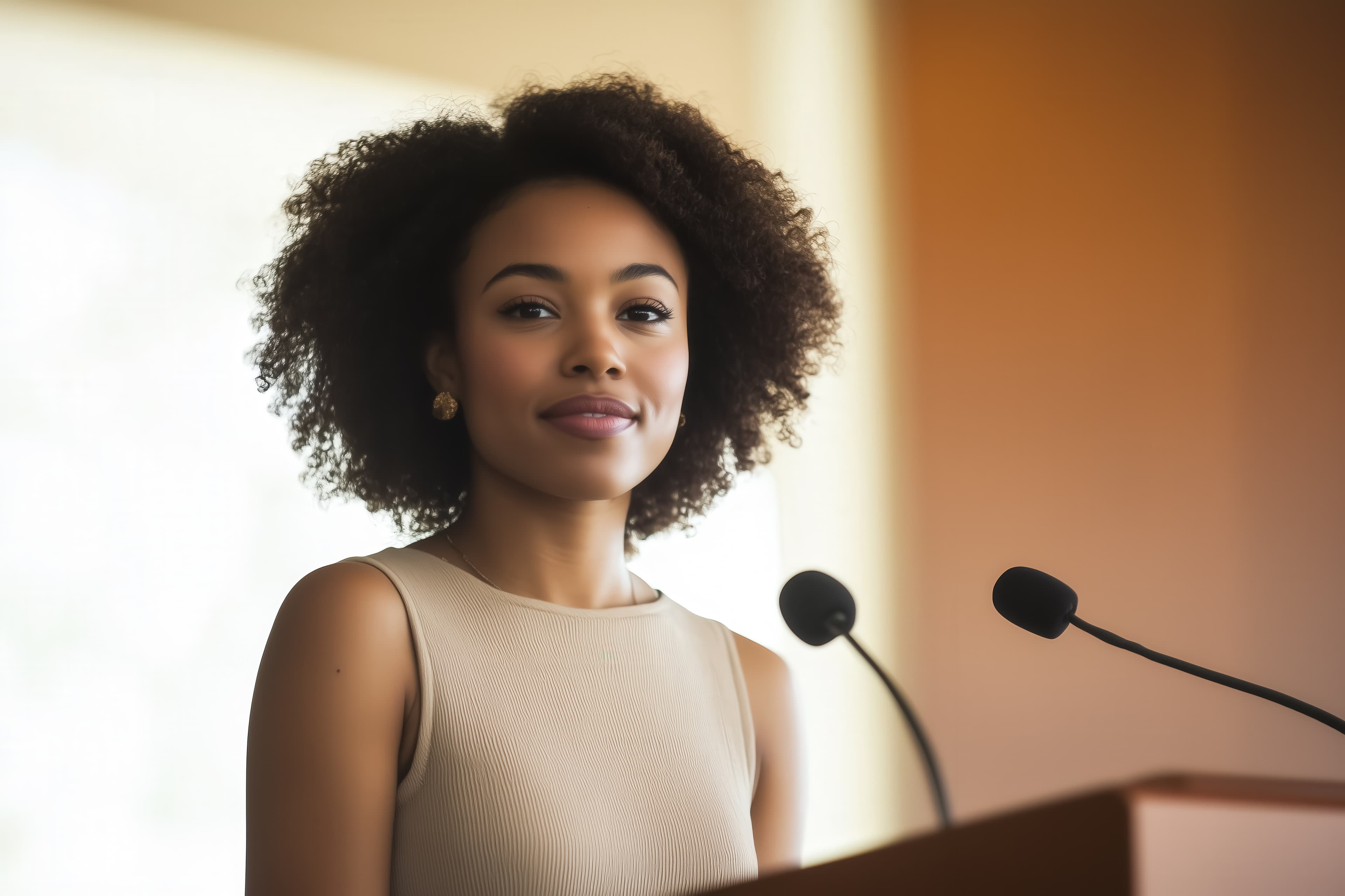 Woman delivering a confident speech at a podium